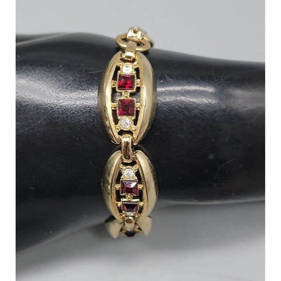Gold Plated Oval Link Rhinestone Tennis Bracelet Red & Clear Glass Stones SZ 7 - Picture 3 of 12